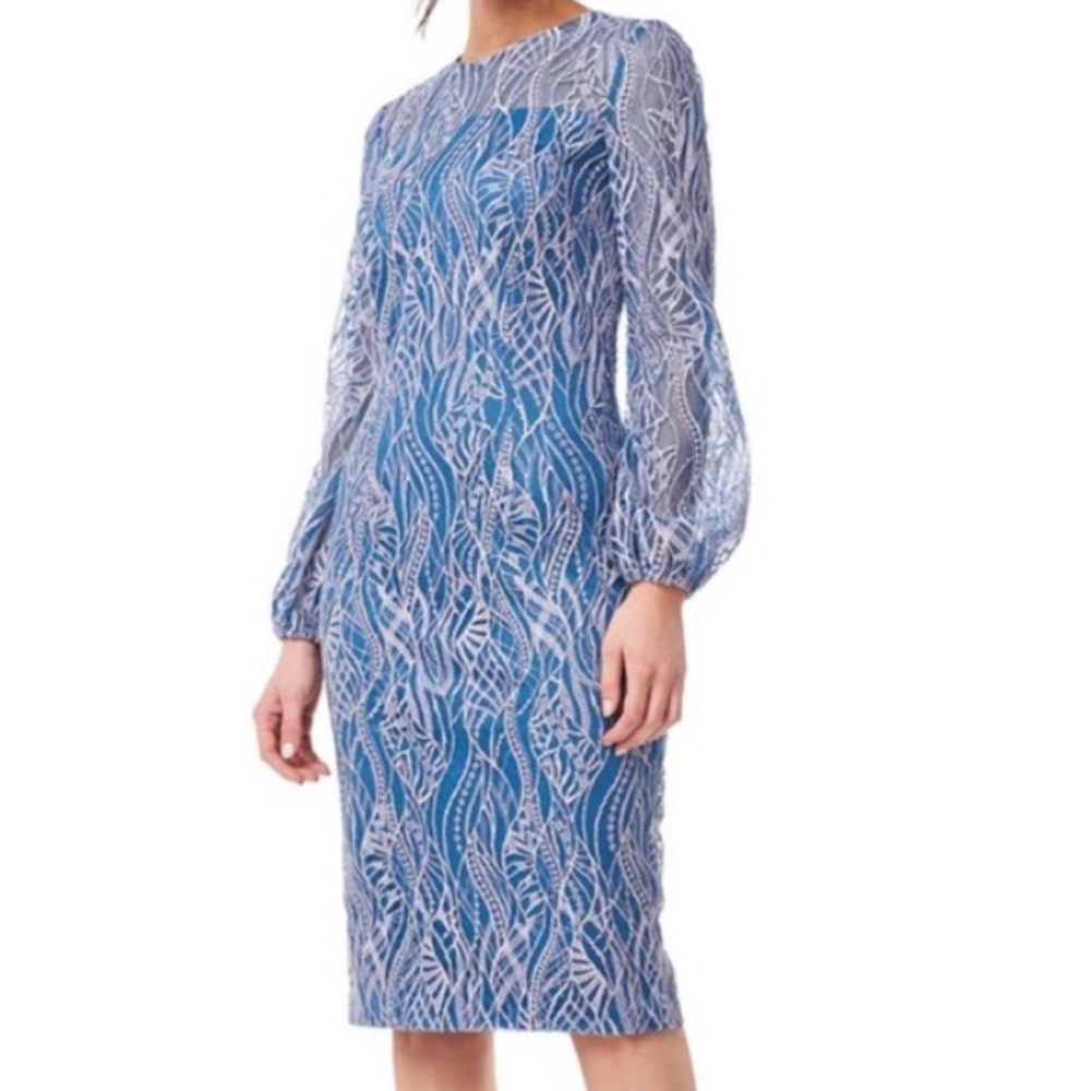 JS Collections Elegant Blue and White Lace Dress